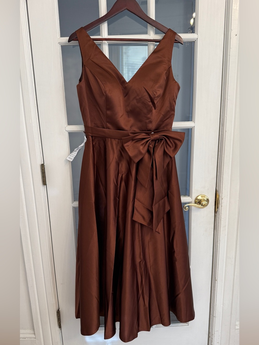 MISS VEIL Women's Brown Satin Sleeveless V-Neck Bow Waist Midi Formal Dress